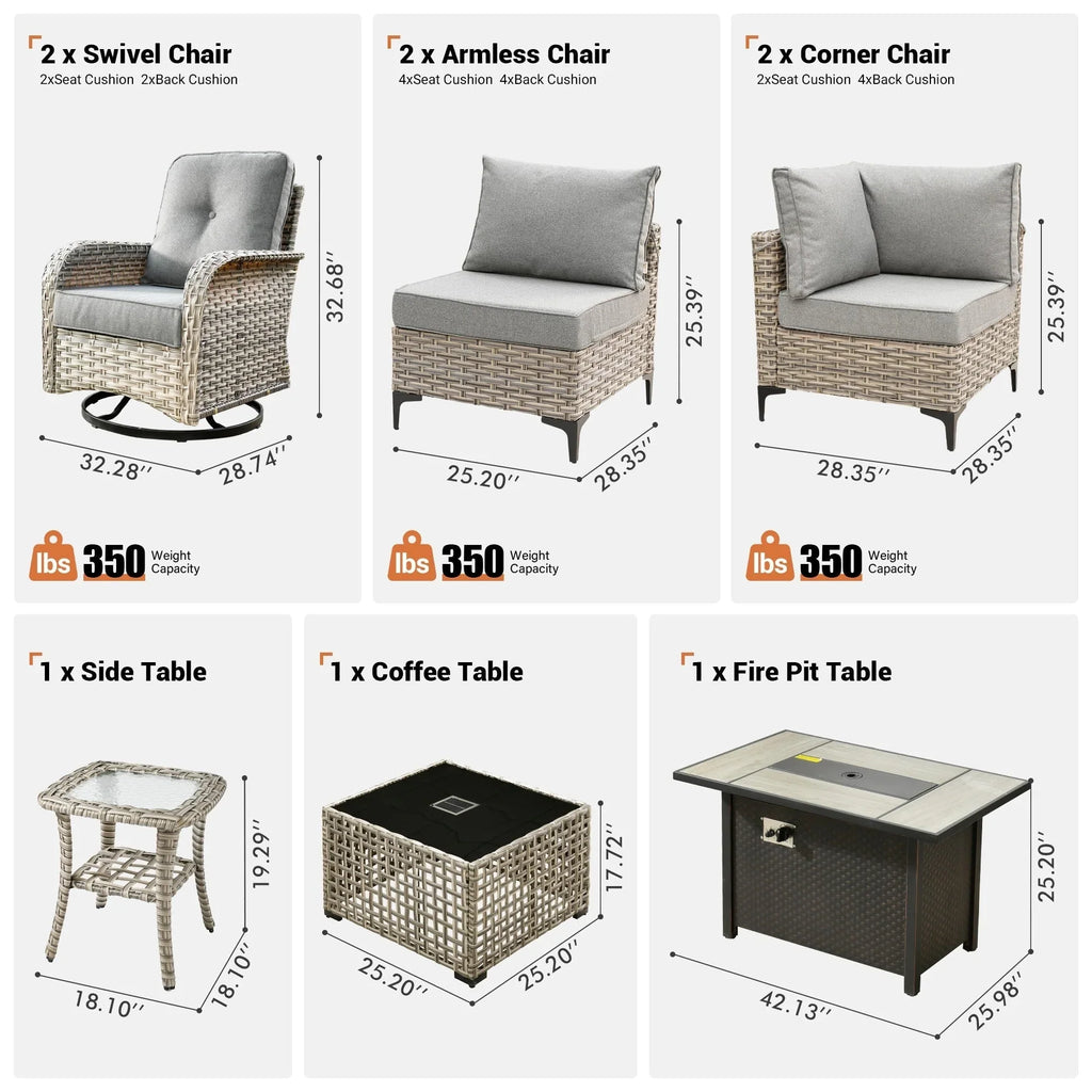 Ensemble de 9 chaises pivotantes en osier d'extérieur OVIOS avec table brasero