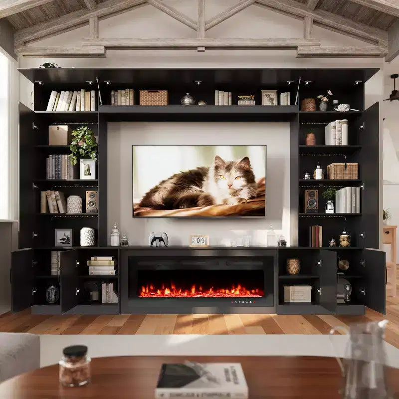 Meuble TV mural EROMMY 112L avec cheminée et lumières LED