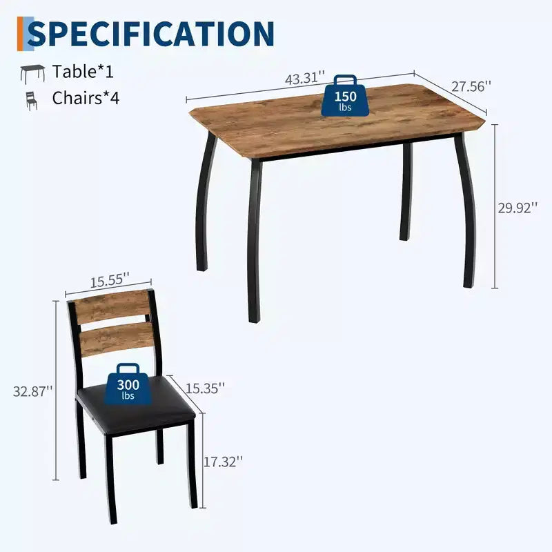 Ensemble de table et 4 chaises de cuisine avec cadre métallique, design biseauté