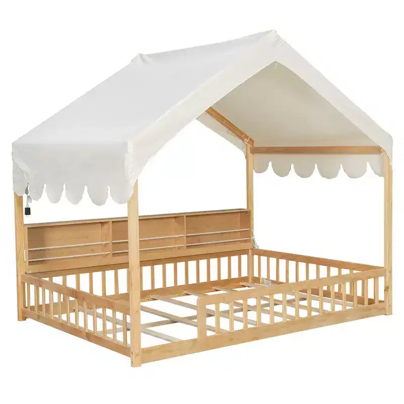 Cadre de lit en bois pleine grandeur Whisen, lit de repos en forme de maison avec clôture, 3 étagères de rangement, rideau