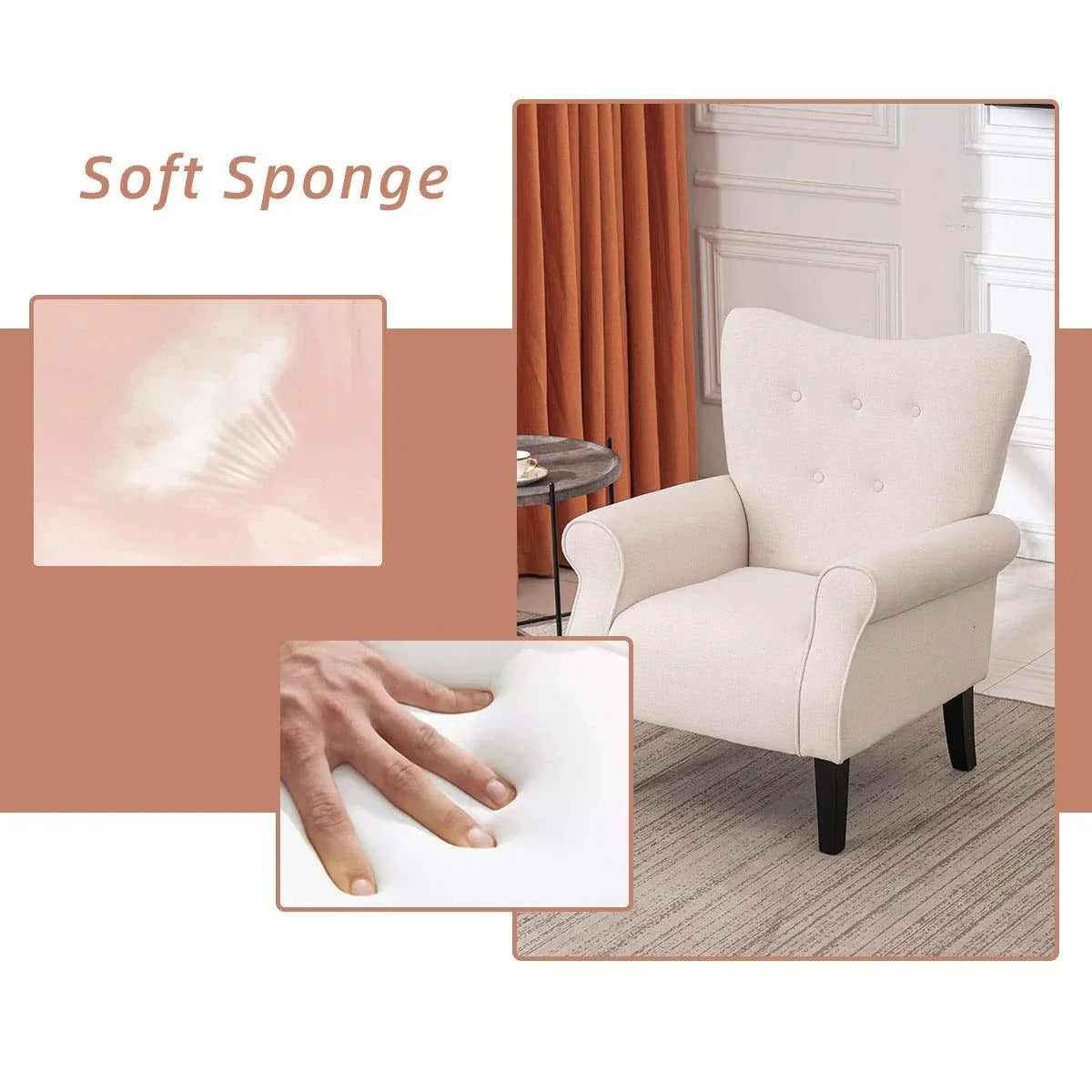 Fauteuil d'appoint moderne Erommy, fauteuil à dossier haut, canapé simple en tissu rembourré avec boutons et pieds en bois pour salon