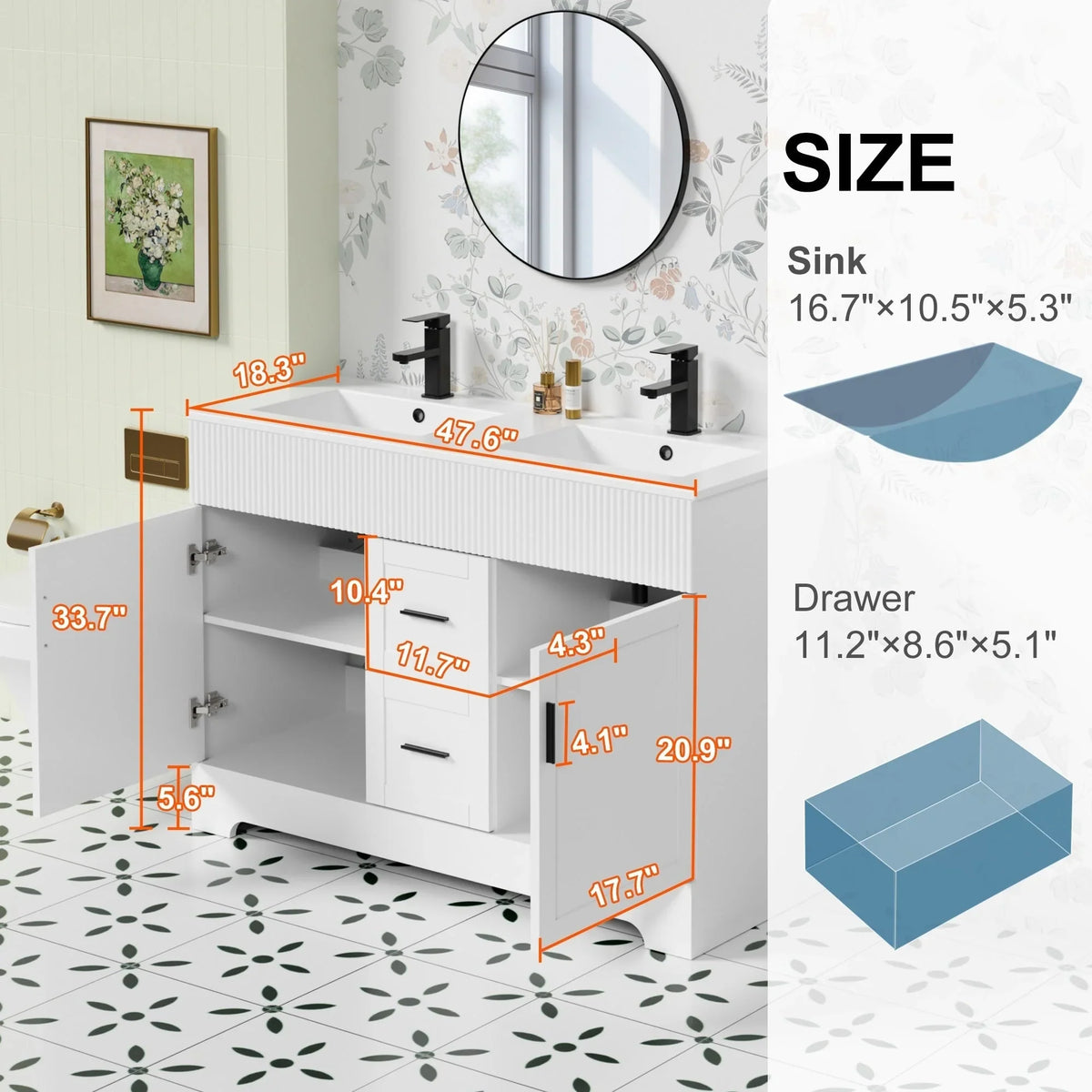 Meuble-lavabo de salle de bain Wavy Line 30/36/48 avec évier et robinet