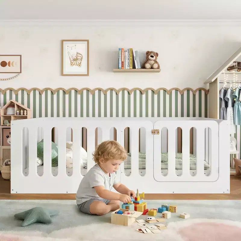 Lit Montessori simple blanc avec barrières et porte – Bois massif, 1 enfant