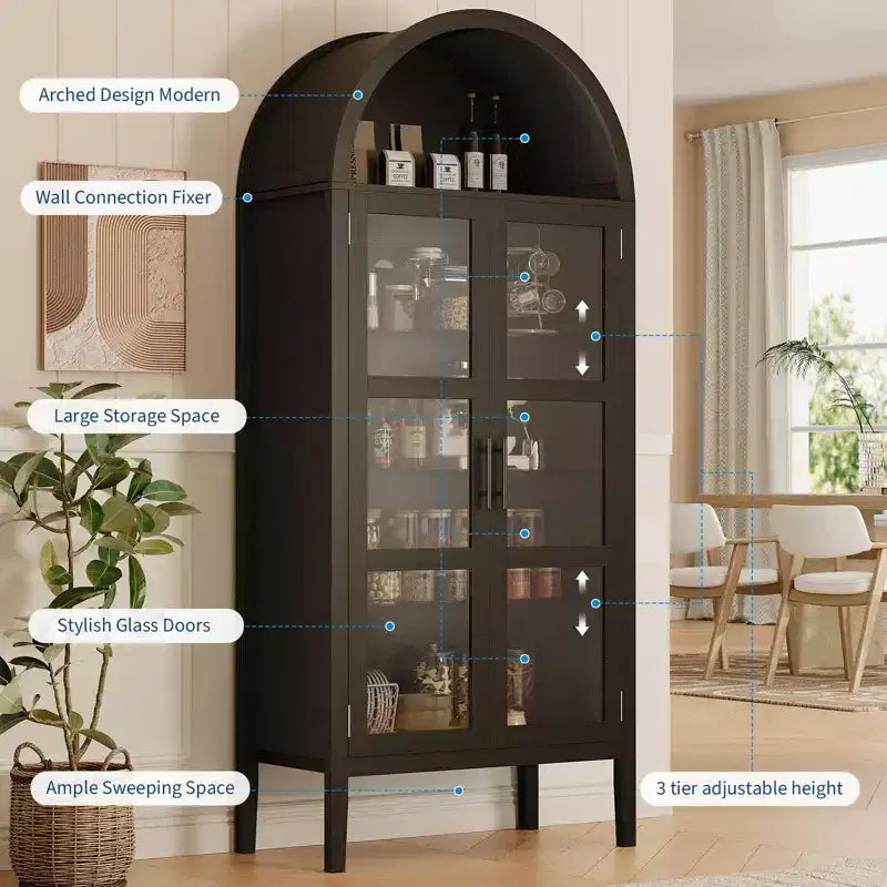 Meuble de rangement, Noir/Blanc, Style Arqué, Simple, 71 po de hauteur avec lumières DEL et portes vitrées