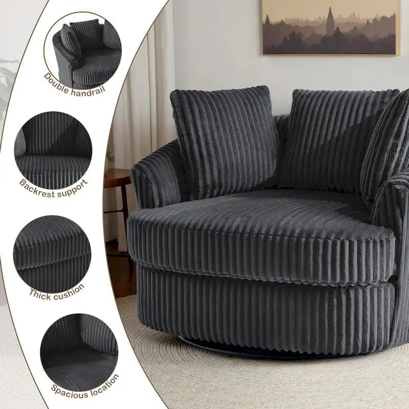 Lot de 2 fauteuils pivotants ronds surdimensionnés en velours côtelé moelleux de 43 po de large avec oreillers