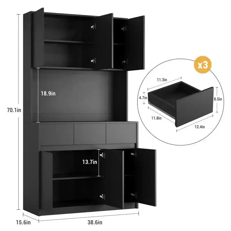 Armoire de cuisine de 71 pouces, vaisselier avec lumières LED et prises de courant, buffet avec support pour micro-ondes, étagères réglables