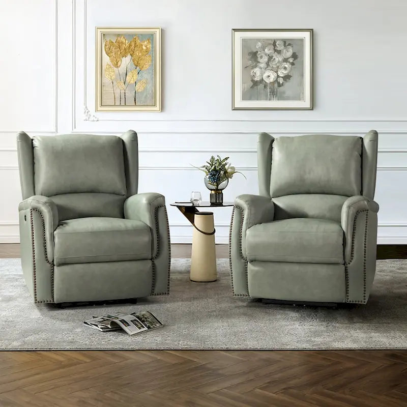 Fauteuil inclinable électrique en cuir véritable avec port USB – Dossier à oreilles clouté, ensemble de 2
