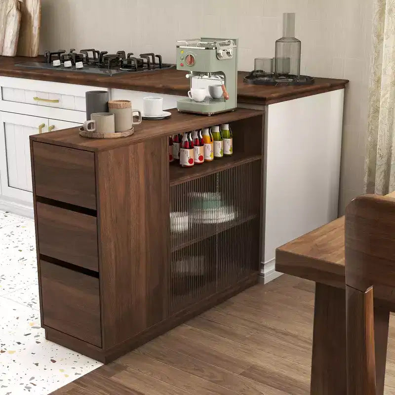Buffet GDFStudio Hikaru moderne avec portes coulissantes en verre et tiroirs