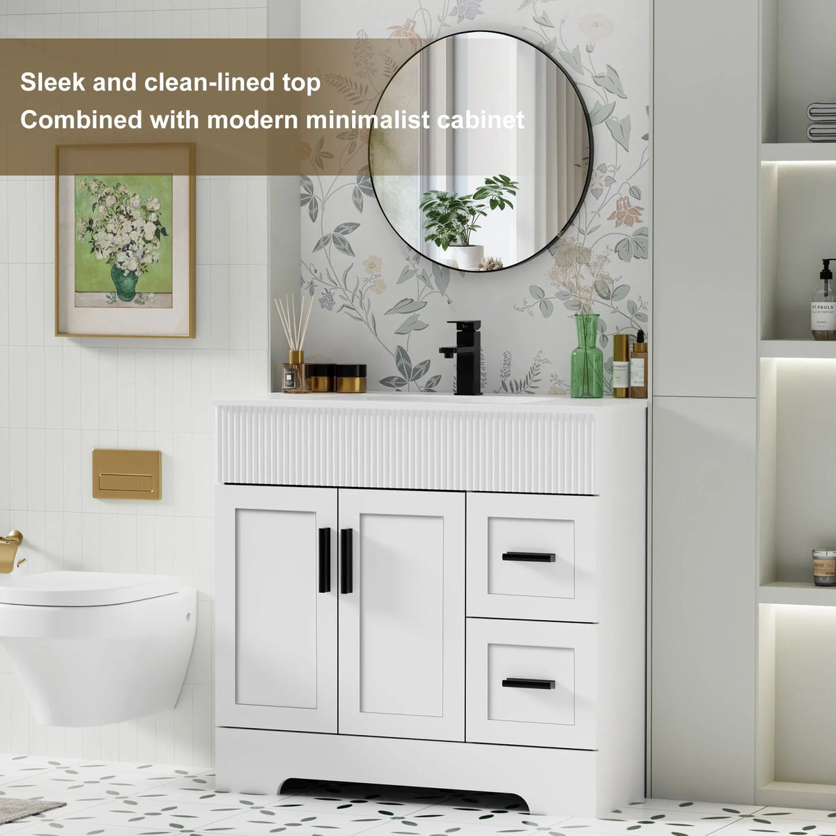 Meuble-lavabo de salle de bain Wavy Line 30/36/48 avec évier et robinet
