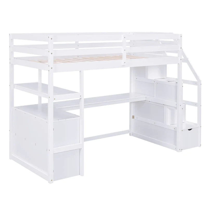 Lit mezzanine taille jumeau avec bureau et étagères, deux tiroirs intégrés, escalier de rangement