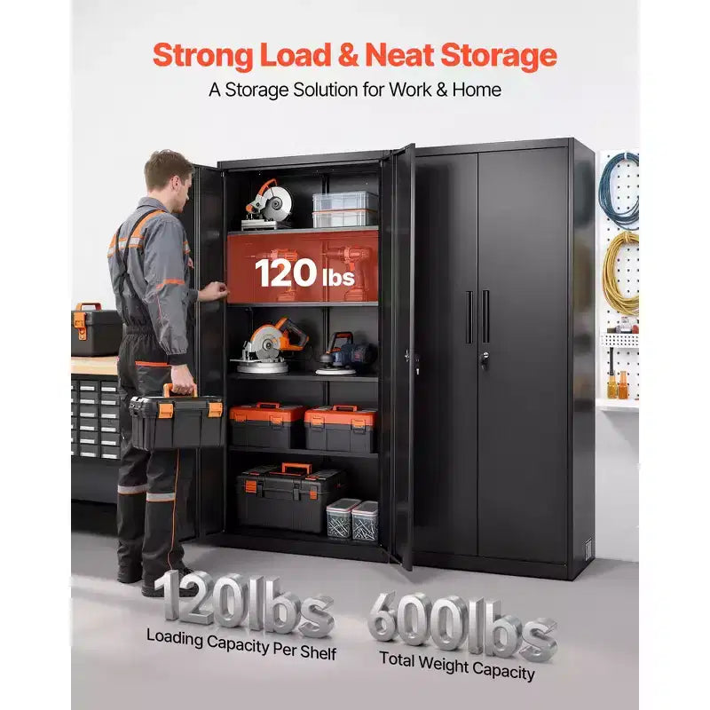Armoire de Rangement Métallique VEVOR, Meuble de Rangement Verrouillable en Acier de 175 cm avec 4 Étagères Réglables, 2 Portes Magnétiques, 2 Clés, 5 Niveaux de Rangement pour Outils, Noir