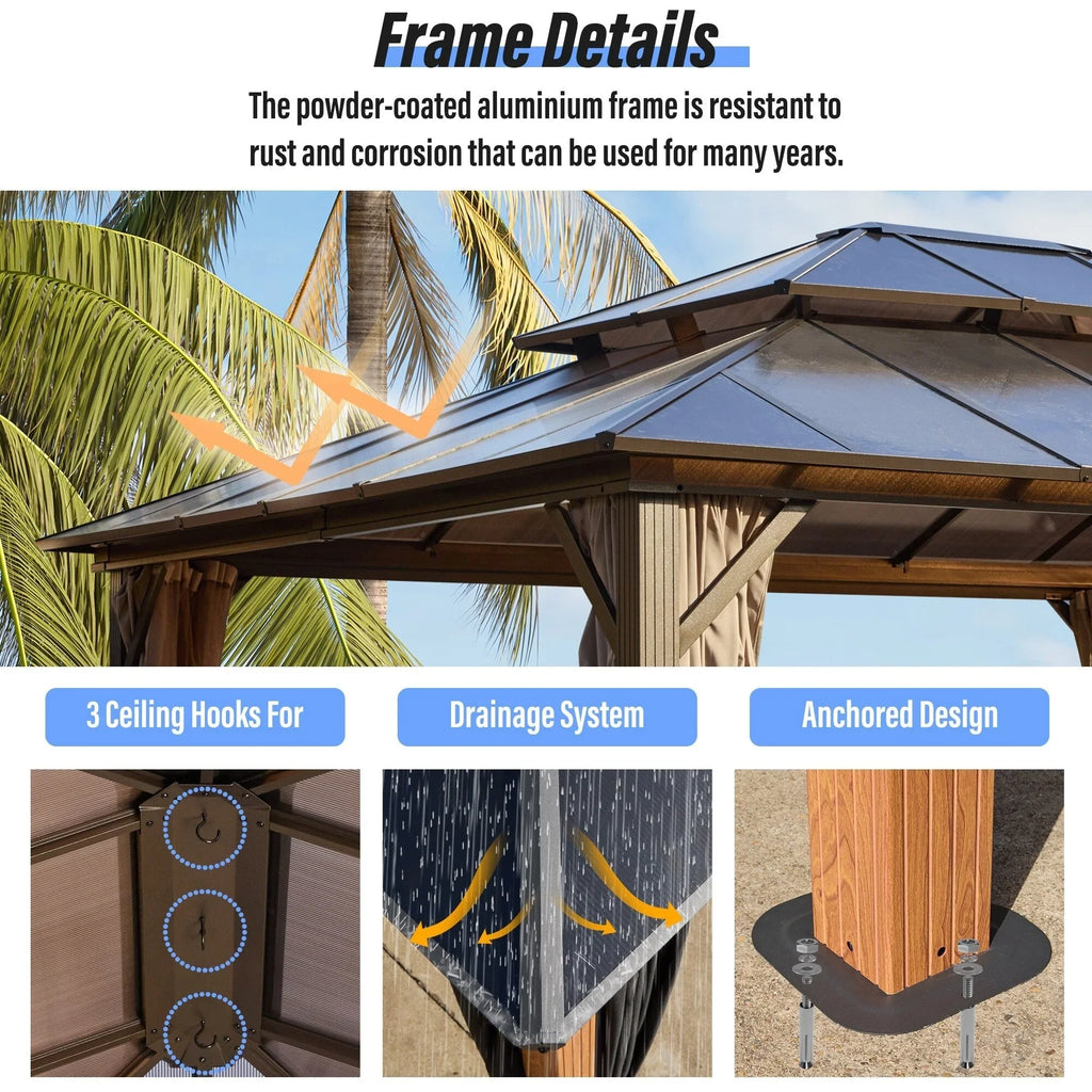 Tonnelle EROMMY à toit rigide, pergola extérieure avec double toit, moustiquaire et rideaux, auvent robuste pour patio, jardin, fête au bord de la piscine