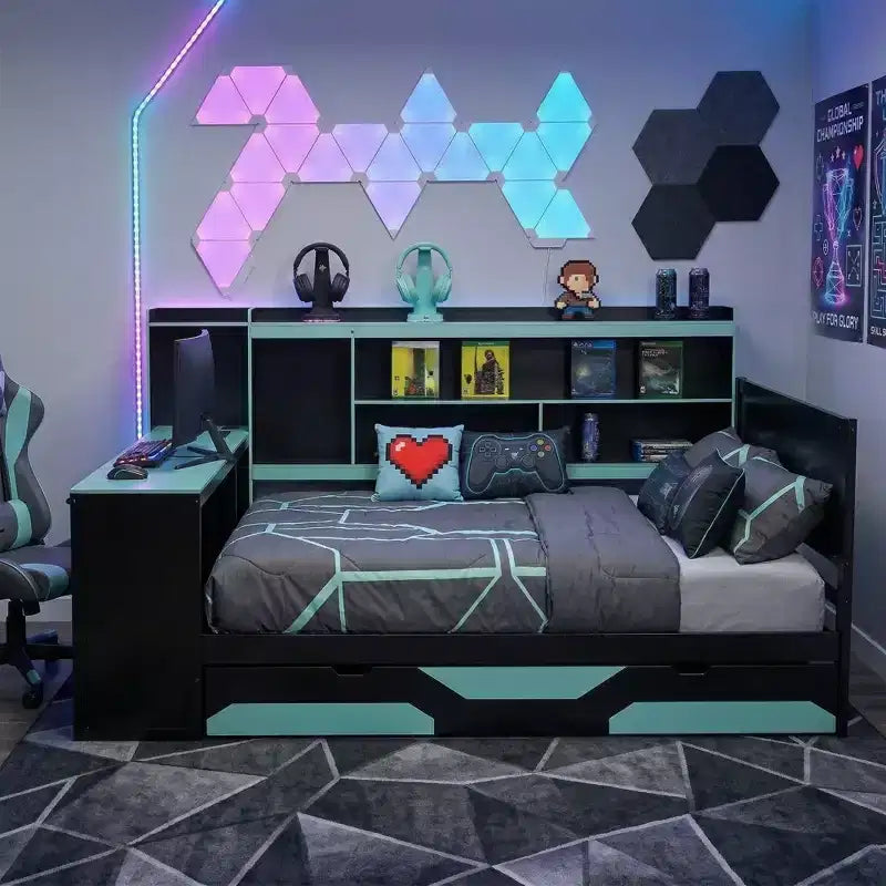 Lit de repos Gamer Hub avec bureau, lumières RGB, station de recharge, tiroirs de rangement et tête de lit bibliothèque