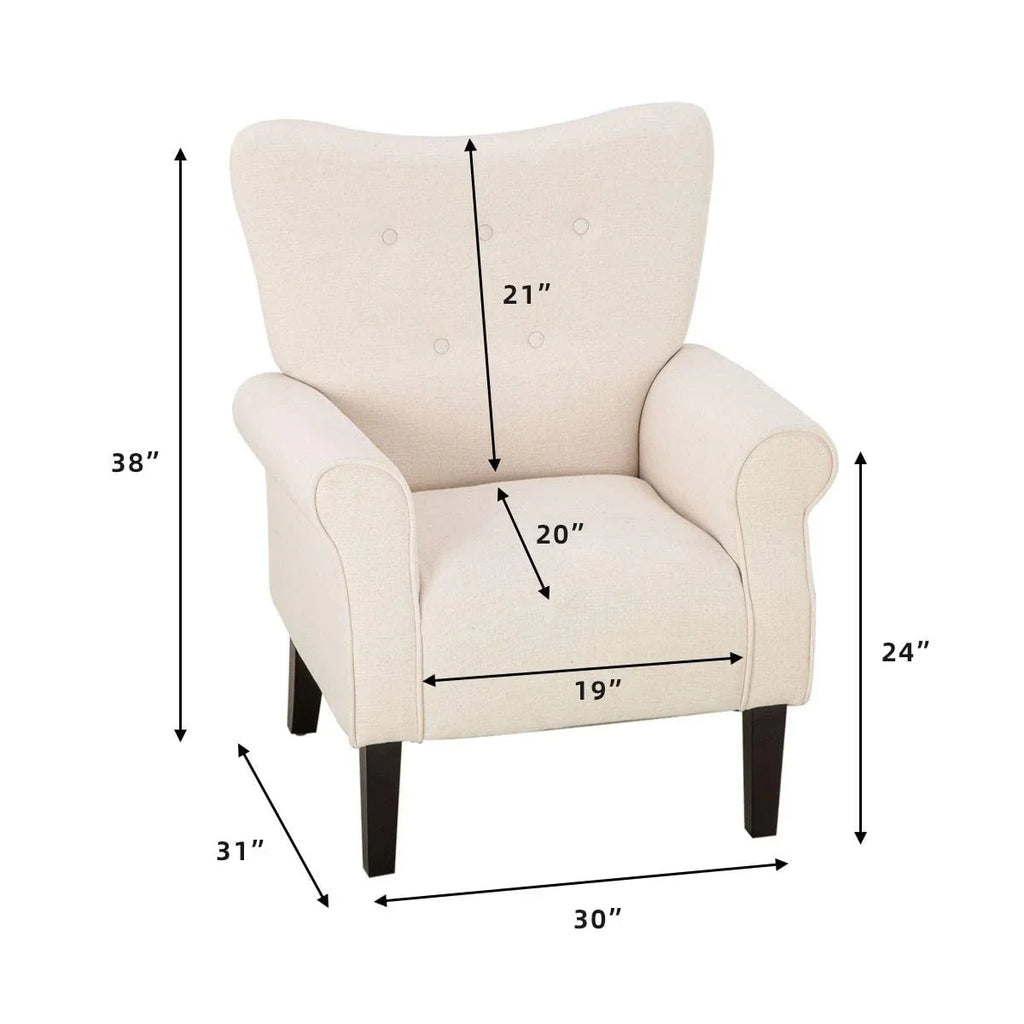 Fauteuil d'appoint moderne Erommy, fauteuil à dossier haut, canapé simple en tissu rembourré avec boutons et pieds en bois pour salon