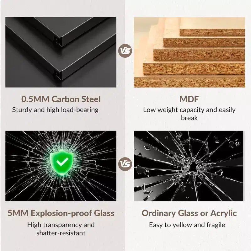 Meuble de rangement pour médias Bekrvio Metal, meuble stéréo à 4 niveaux avec portes en verre et étagères réglables, support audio AV avec gestion des câbles