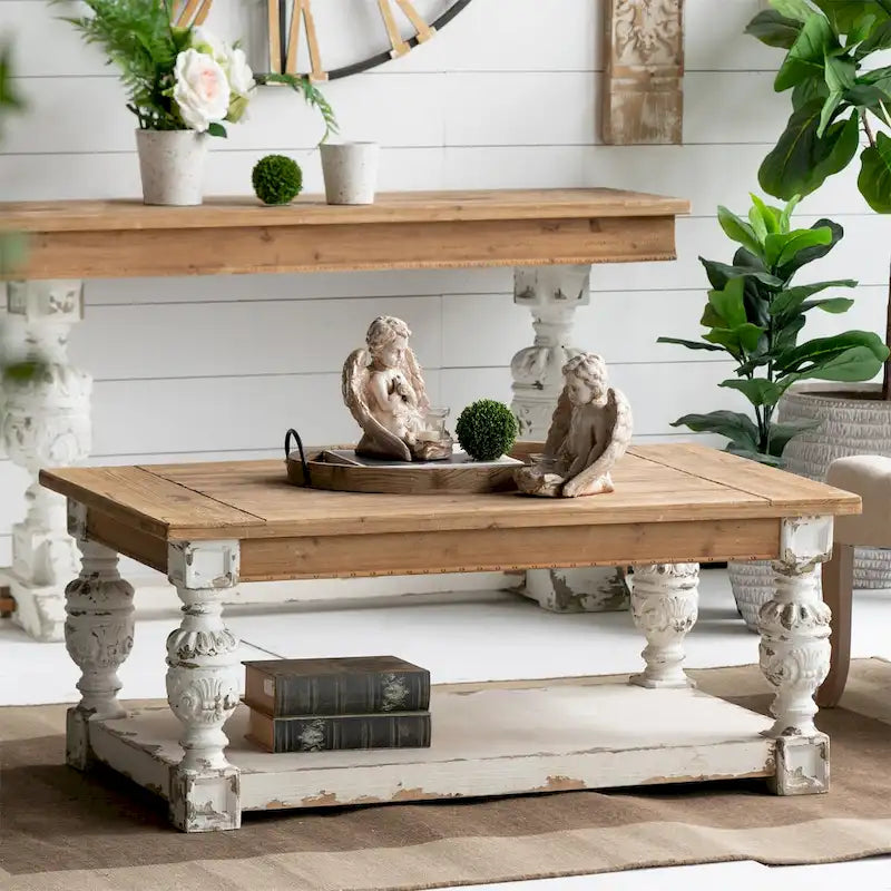 Table basse rectangulaire en bois blanc vieilli
