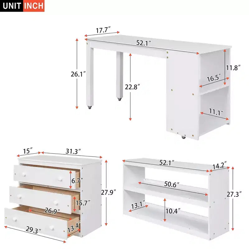 Lit bas mezzanine pleine grandeur avec bureau roulant, 3 tiroirs et étagères