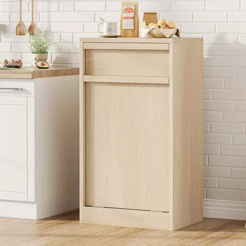 Poubelle inclinable, chêne naturel, poubelle avec rangement et tiroir, meuble poubelle caché, panier à linge pour cuisine, salle à manger, salon