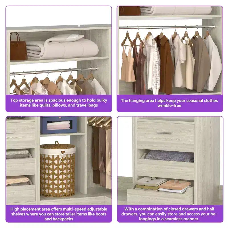 Besiost Lot de 3 dressings d'angle avec étagères et tiroirs, organisateur de placard autoportant avec tringles à vêtements