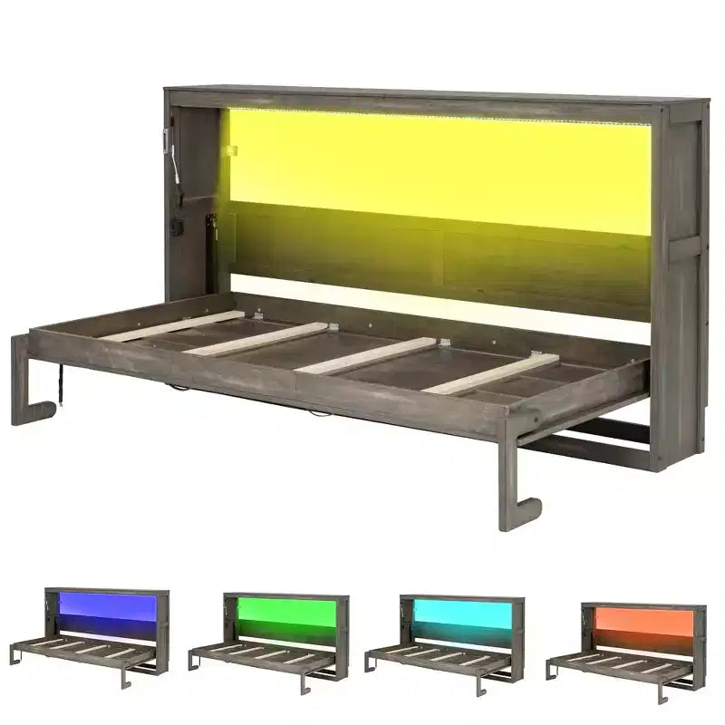 Lit escamotable double avec éclairage LED, peut être plié en armoire, armoire-lit murale dissimulée pour chambre d'amis