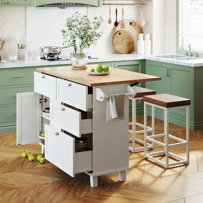 Ensemble d'îlot de cuisine TOPMAX avec abattant et 2 tabourets, ensemble de table à manger avec étagère réglable, tiroirs et porte-serviettes
