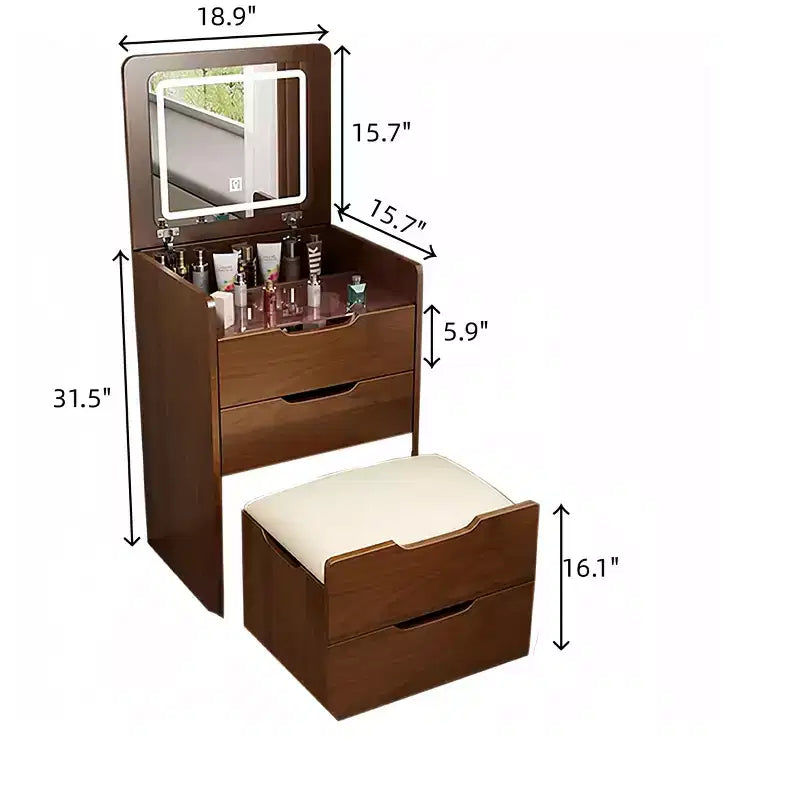 Coiffeuse 3-en-1 Okak avec miroir rabattable, coiffeuse compacte avec plateau en verre visible et tabouret rembourré, coiffeuse pour chambre à coucher