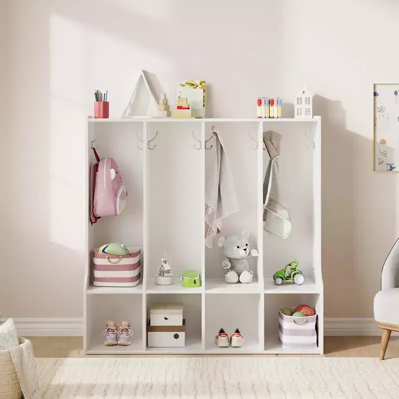 Casier à 4 compartiments marron/blanc avec 8 crochets, pour enfants