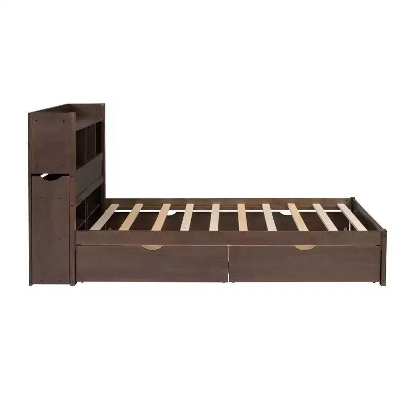 Lit plateforme complet avec lit gigogne, tête de lit bibliothèque et station de recharge, cadre de lit double en bois avec étagères et tiroirs