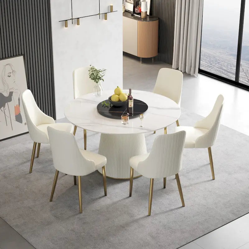 Table à manger ronde de 53 po pour 6 personnes avec plateau en pierre sintérisée et plateau tournant
