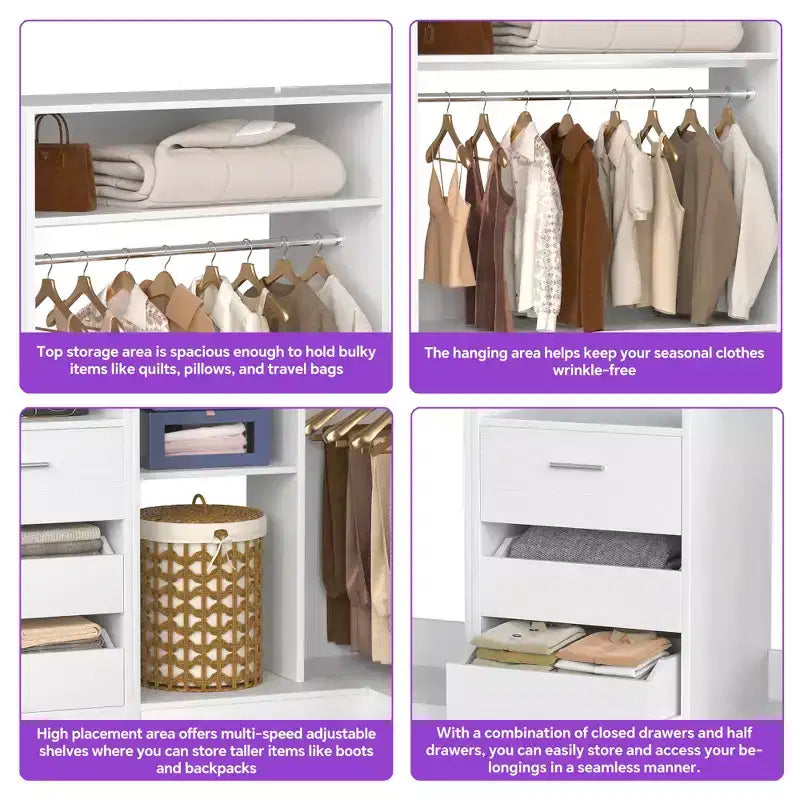 Besiost Lot de 3 dressings d'angle avec étagères et tiroirs, organisateur de placard autoportant avec tringles à vêtements