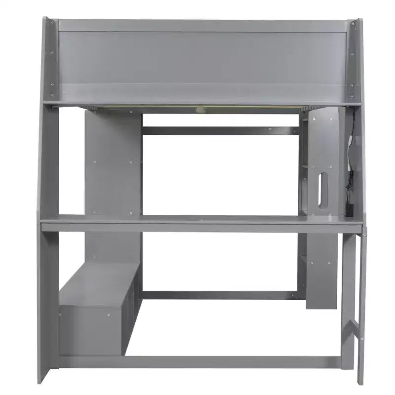Lit mezzanine gaming Whisen Wood de taille double avec bureau, étagères multi-rangements, LED et une penderie suspendue