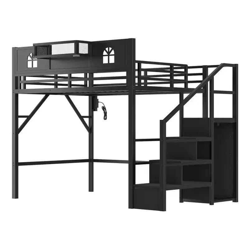 Lit mezzanine ModernLuxe double/grand format avec escalier et armoire intégrée, cadre de lit en métal avec lumières LED, station de charge USB et étagères de rangement
