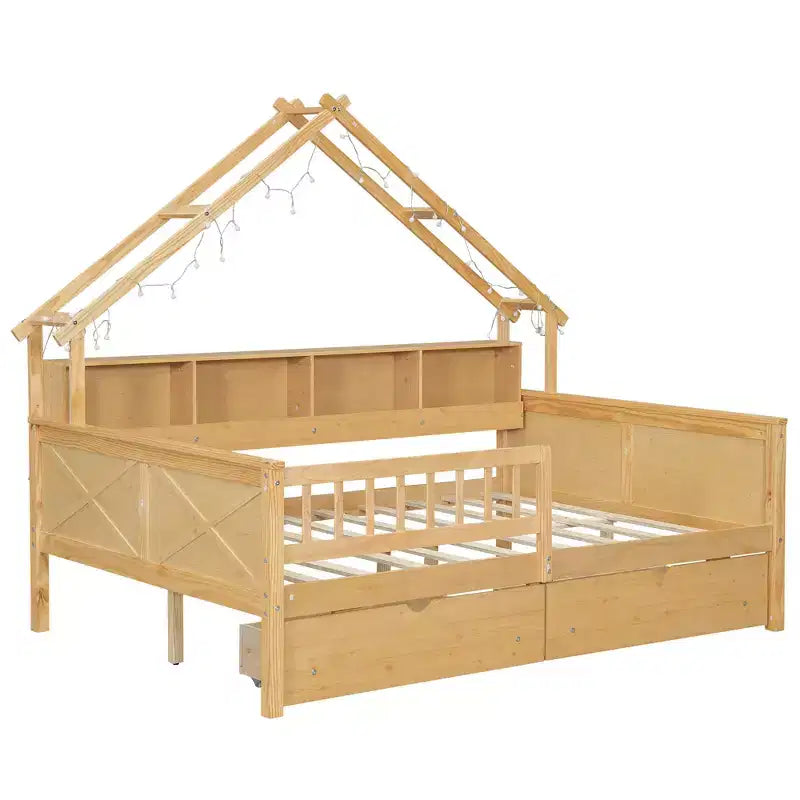 Cadre de lit maison pleine grandeur avec tiroirs, lit plate-forme maison avec lumières LED, étagères de rangement et tiroirs, lit de repos en bois avec toit et garde-corps