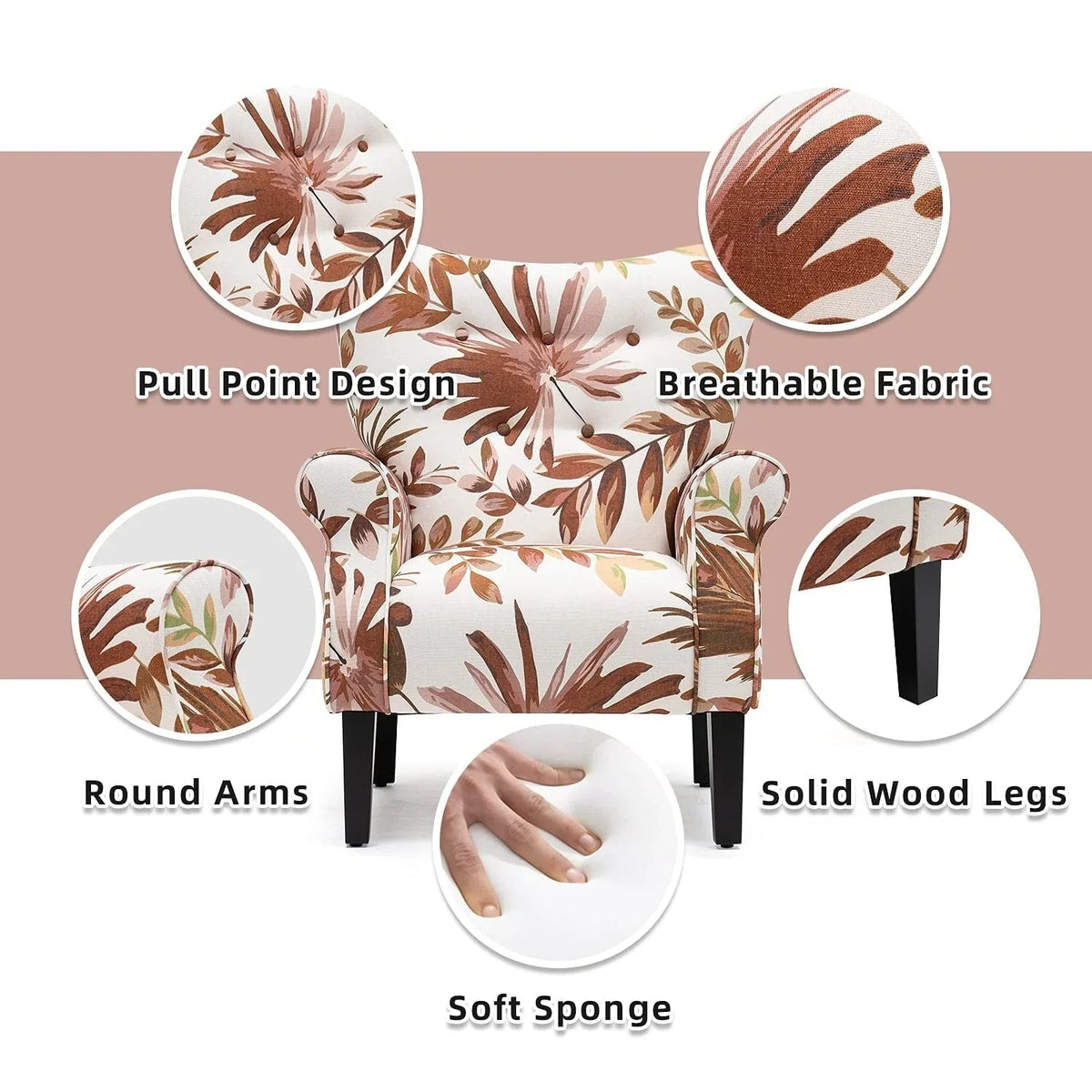 Fauteuil d'appoint moderne Erommy, fauteuil à dossier haut, canapé simple en tissu rembourré avec boutons et pieds en bois pour salon