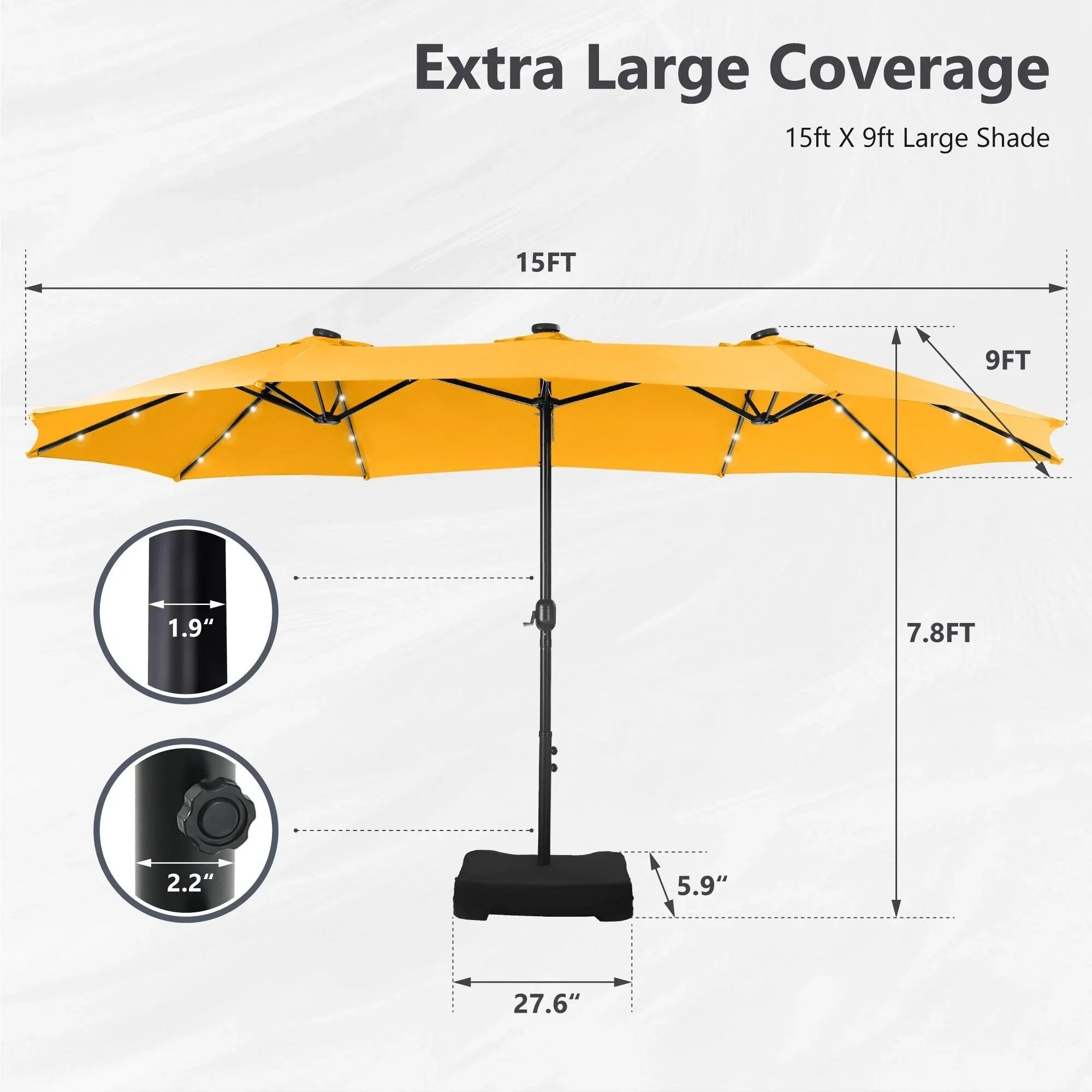 MAISON ARTS Parasol excentré rectangulaire de 4,5 m avec manivelle, parasol de marché double face d'extérieur avec lumières LED solaires et base incluse