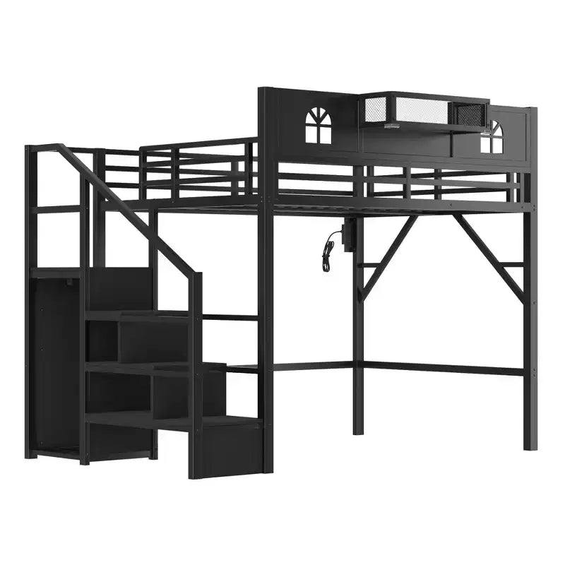 Lit mezzanine ModernLuxe double/grand format avec escalier et armoire intégrée, cadre de lit en métal avec lumières LED, station de charge USB et étagères de rangement