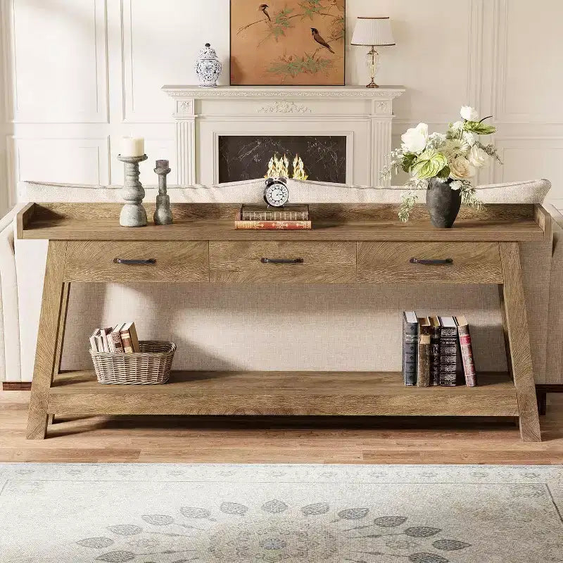Table de canapé à 2 niveaux Lantine avec 3 tiroirs, console de 180 cm avec chicane surélevée et étagères de rangement pour salon, couloir, entrée