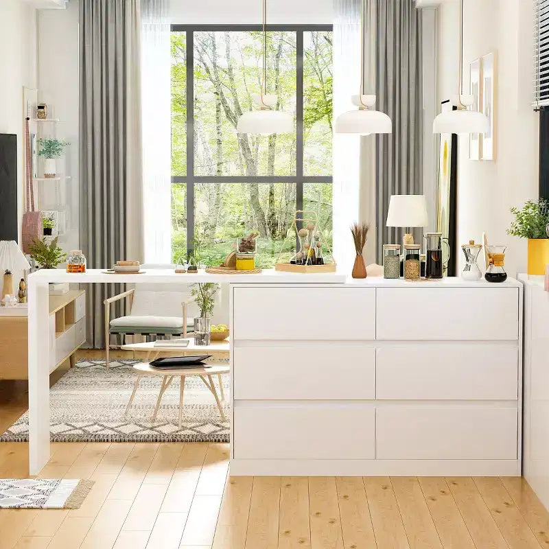 Desserte de buffet intelligente rotative/extensible avec 6 tiroirs, plan de travail étendu, tapis antidérapant, table à manger rotative, îlot de cuisine/garde-manger