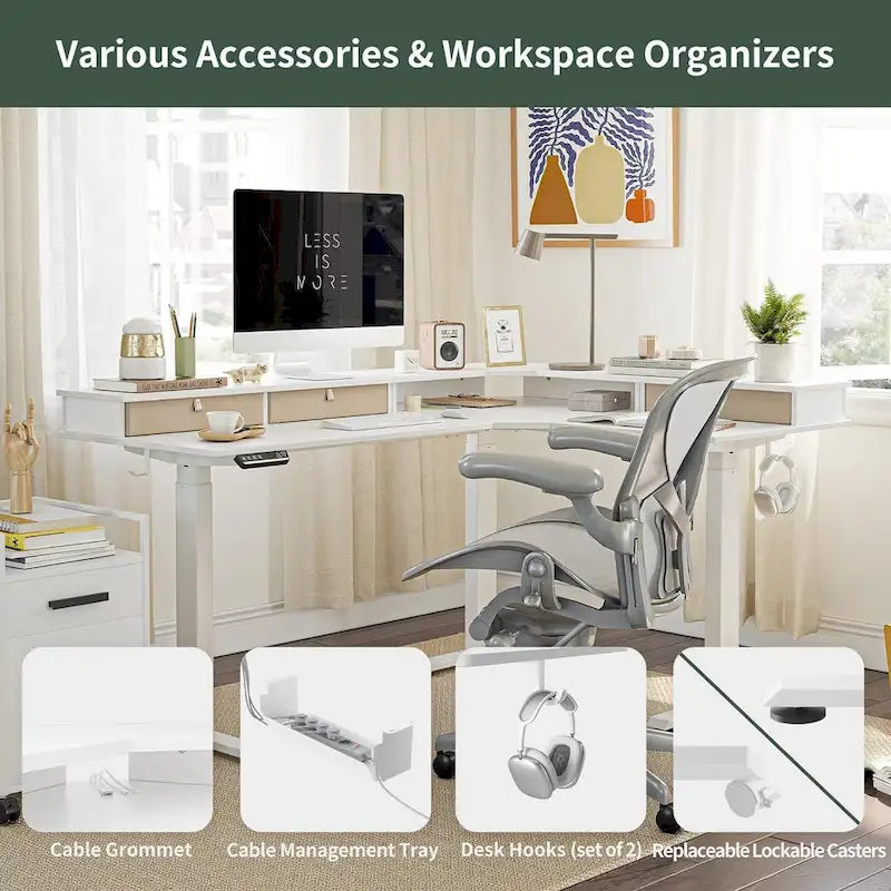 Bureau d'angle électrique debout avec 3 tiroirs et roulettes verrouillables, 160