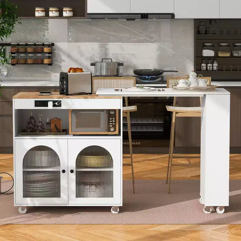 Îlot de cuisine roulant avec 2 portes en verre, Desserte de cuisine avec table extensible et prises de courant, Îlot de cuisine avec étagères ouvertes latérales