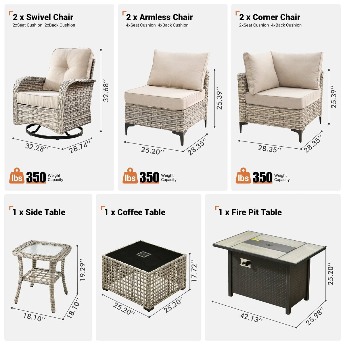 Ensemble de 9 chaises pivotantes en osier d'extérieur OVIOS avec table brasero
