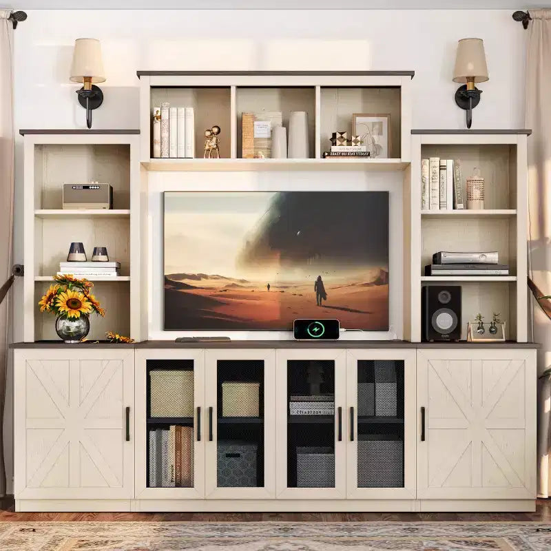 Meuble TV Moderne pour Téléviseur de 55 Pouces avec Station de Chargement, Console Multimédia avec Grands Placards de Rangement, Meuble TV pour Salon-Panipeachy