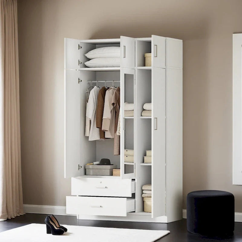Armoire penderie miroir 3 portes avec 2 tiroirs et meuble haut