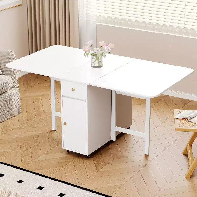 Table à manger pliante ATJafurn 59'' avec abattants pour petits espaces, table de cuisine rectangulaire en bois extensible avec roulettes et rangement