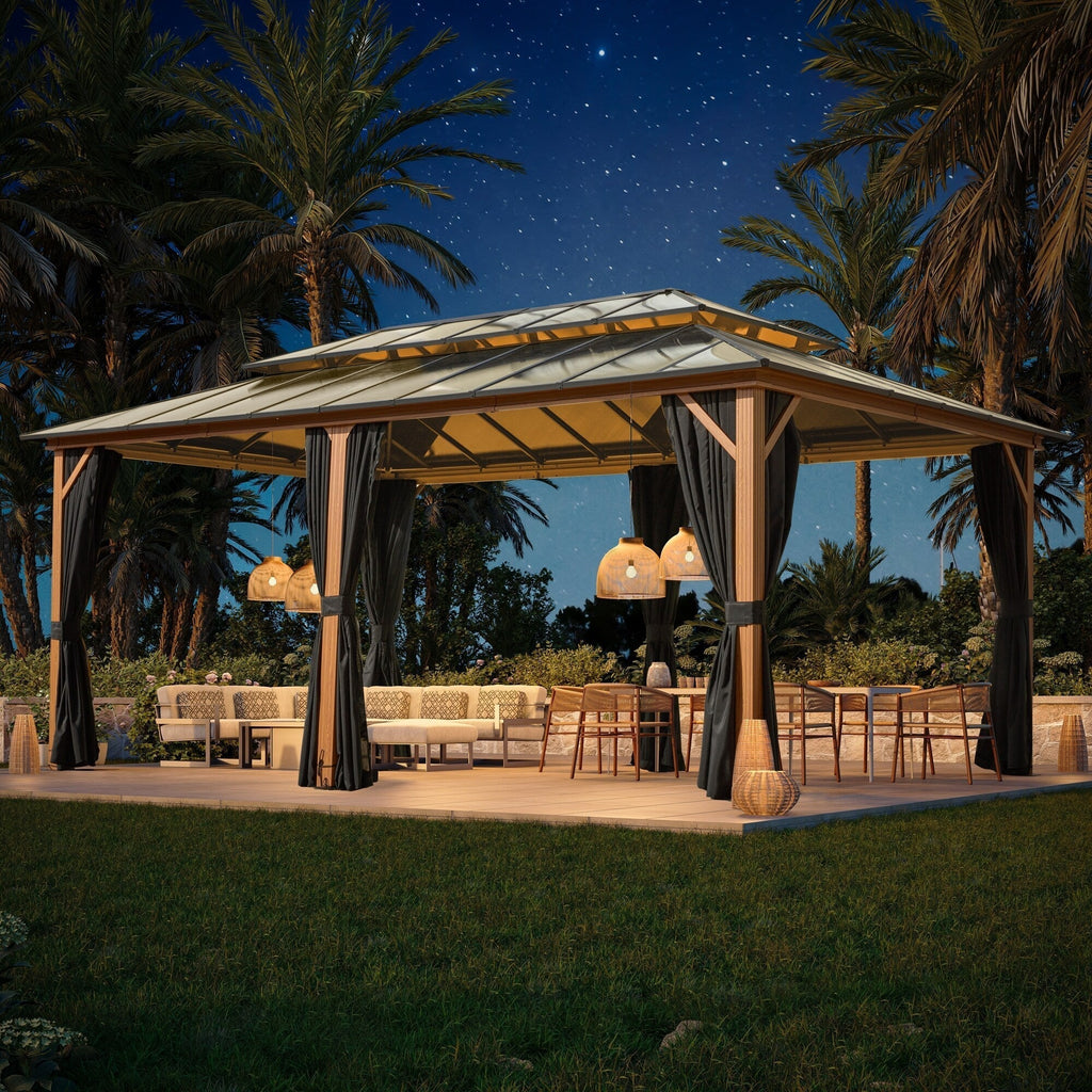 Tonnelle EROMMY à toit rigide, pergola extérieure avec double toit, moustiquaire et rideaux, auvent robuste pour patio, jardin, fête au bord de la piscine