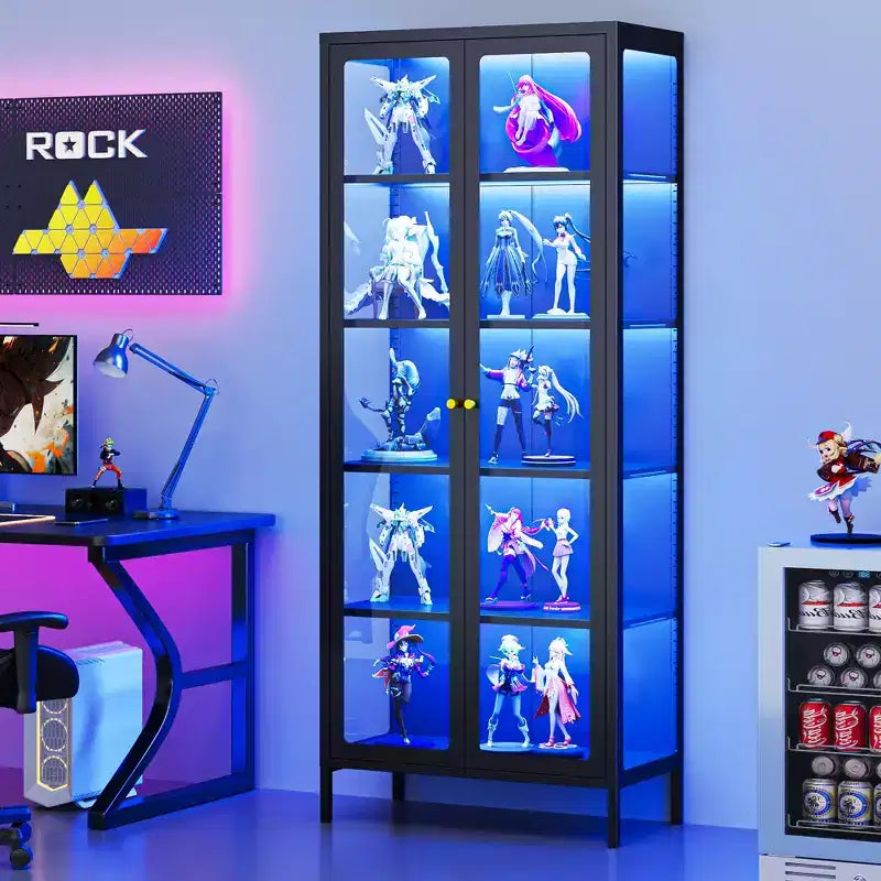 Bekrvio 67H Vitrine en Verre à 3 Côtés avec Lumières LED, Rangement à 5 Niveaux avec Double Porte et Cadre Métallique pour Objets de Collection, Idéale pour les Petits Espaces
