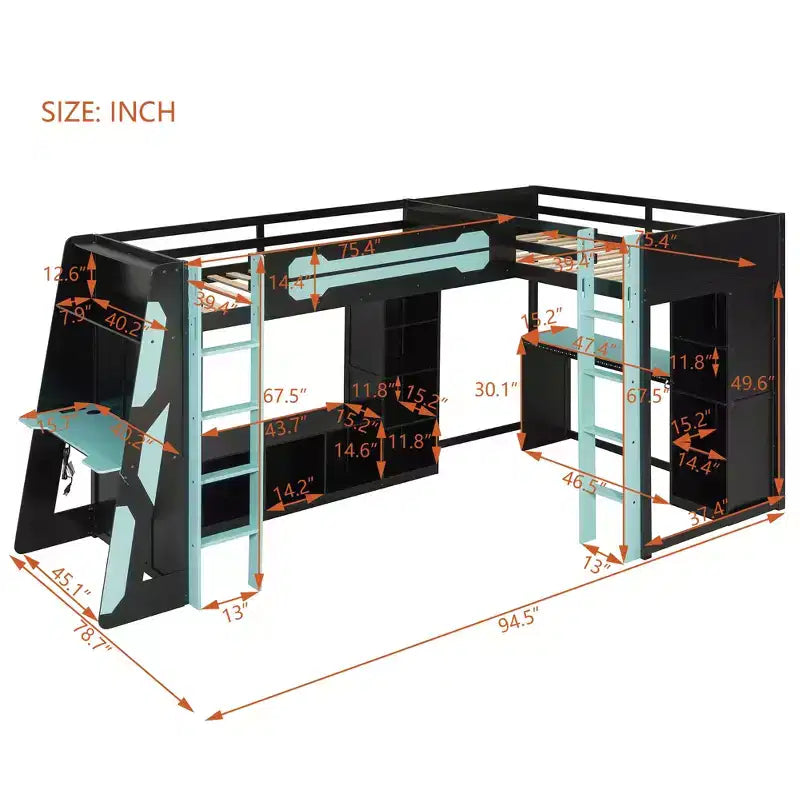 Lit mezzanine de jeu en L avec bureaux, lits superposés doubles avec lumières LED, ports USB, étagères de rangement, lit mezzanine d'angle en bois pour 2 personnes