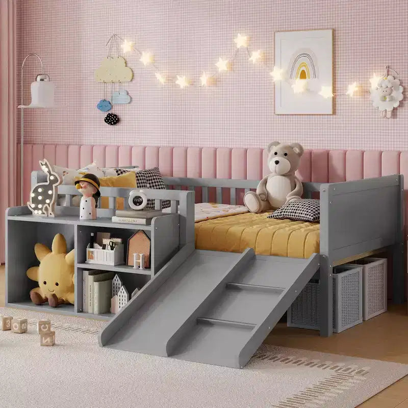 Lit superposé simple Whisen pour enfant avec toboggan, étagère de rangement mobile, balustrades, cadre de lit mezzanine bas