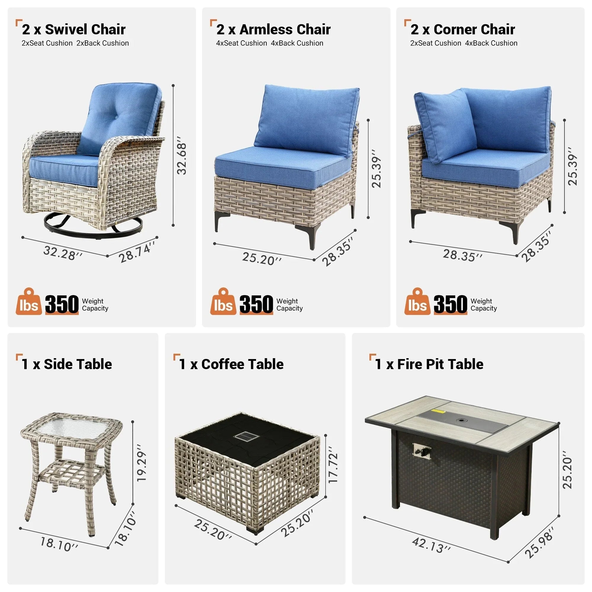 Ensemble de 9 chaises pivotantes en osier d'extérieur OVIOS avec table brasero