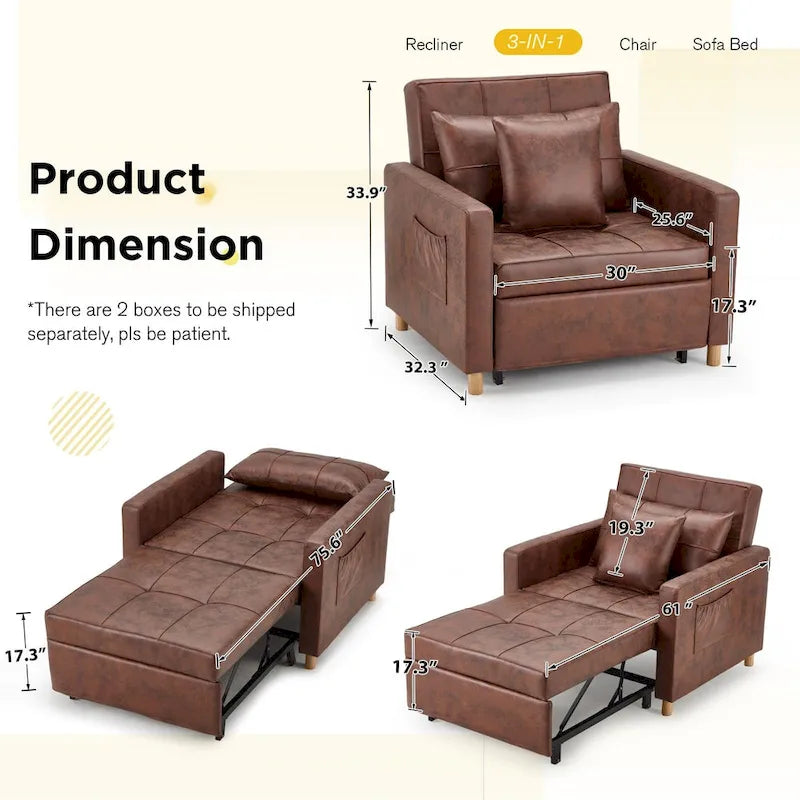 Fauteuil convertible 3-en-1, plusieurs coloris, une place